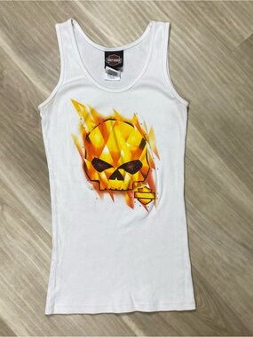 Harley-Davidson Tank Top Womens Small White Flaming Skull Rhinestone Rommel USA